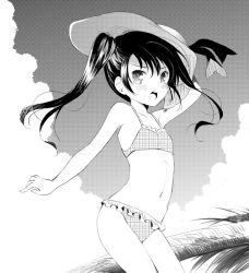 Rule 34 | &gt;:o, 1girl, :o, arm up, bad id, bad pixiv id, bikini, blush, collarbone, copyright request, greyscale, hat, komi zumiko, long hair, monochrome, navel, open mouth, solo, swimsuit, twintails, v-shaped eyebrows