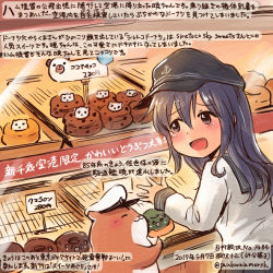 Rule 34 | 10s, 1girl, admiral (kancolle), akatsuki (kancolle), animal, black hat, black skirt, colored pencil (medium), commentary request, dated, doughnut, flat cap, food, hamster, hat, kantai collection, kirisawa juuzou, long hair, long sleeves, non-human admiral (kancolle), numbered, open mouth, pleated skirt, purple eyes, purple hair, school uniform, serafuku, skirt, smile, traditional media, translation request, twitter username