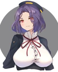 Rule 34 | 1girl, alternate eye color, breasts, collared dress, dress, eyes visible through hair, grey background, hair over one eye, halo, headgear, kantai collection, large breasts, long sleeves, looking at viewer, mechanical halo, neckerchief, o-sirius, purple hair, red eyes, red neckerchief, school uniform, short hair, smile, solo, tatsuta (kancolle), upper body, white background