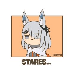 Rule 34 | &gt;:(, 1girl, animal ear fluff, animal ears, arknights, artist name, blunt bangs, blush stickers, border, chibi, coat, english text, frostnova (arknights), frown, grey eyes, grey hair, hair ornament, hair over one eye, hairclip, kuhl-notes, medium hair, orange background, rabbit ears, simple background, solo, upper body, v-shaped eyebrows, white border