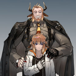Rule 34 | 2boys, animal ears, arknights, between pectorals, bison (arknights), black gloves, brown hair, coat over head, cow ears, cow horns, earrings, eurill pides (arknights), father and son, forehead, gloves, grin, hair ornament, hood, hooded jacket, horns, jacket, jewelry, large pectorals, male focus, multiple boys, necktie, necktie between pectorals, one eye closed, pectorals, ryuuzaki ichi, smile, suspenders, white gloves