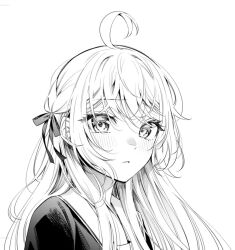 Rule 34 | 1girl, ahoge, alisa mikhailovna kujou, blush, commentary request, eyes visible through hair, frown, furrowed brow, greyscale, hair ribbon, highres, long hair, looking at viewer, looking to the side, monochrome, official art, parted lips, ribbon, school uniform, simple background, solo, tenacitysaho, tokidoki bosotto roshia-go de dereru tonari no arya-san, white background