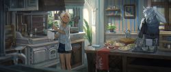 Rule 34 | 1girl, blouse, blurry, dark skin, depth of field, fantasy, food, furry, indoors, kitchen, kitchen hood, layered clothes, original, oven, ox (baallore), pitcher (container), plant, plate, ramina (baallore), red eyes, shirt, short hair, standing, white hair, white shirt
