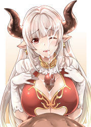 Rule 34 | 10s, 1boy, 1girl, ;o, after paizuri, alicia (granblue fantasy), blunt bangs, blush, breasts, censored, cleavage, cleavage cutout, clothed female nude male, clothed sex, clothing cutout, cross, cross earrings, cum, cum on body, cum on breasts, cum on hair, cum on upper body, curvy, dark-skinned male, dark skin, draph, dress, earrings, elbow gloves, eyebrows, facial, gloves, gradient background, gradient hair, granblue fantasy, hands on own chest, hetero, hip focus, horns, interracial, jewelry, lace, lace-trimmed dress, lace-trimmed gloves, lace trim, large breasts, large penis, long hair, looking at viewer, lying, mature female, mosaic censoring, multicolored hair, mushi024, neck ring, no bra, nude, on back, one eye closed, open mouth, outside border, paizuri, paizuri under clothes, penis, pointy ears, pov, raised eyebrows, red dress, red eyes, short sleeves, sidelocks, smile, solo focus, straight hair, tears, underboob, underboob cutout, upper body, very long hair, white gloves, white hair, wince