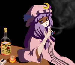 Rule 34 | 1girl, alcohol, bags under eyes, cigarette, commentary request, crescent, female focus, hat, k-o, long hair, patchouli knowledge, purple hair, smoke, smoking, solo, table, touhou, whiskey