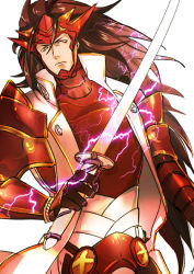 Rule 34 | 1boy, armor, bad id, bad pixiv id, brown hair, fire emblem, fire emblem fates, gloves, guuchun, japanese armor, katana, long hair, male focus, mask, nintendo, raijinto (fire emblem), ryoma (fire emblem), simple background, solo, sword, upper body, weapon, white background