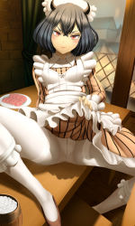 Rule 34 | 1girl, apron, black clover, black hair, blush, breasts, bridal garter, closed mouth, clothes lift, dkoro, dress, dress lift, female focus, food, hair between eyes, highres, horns, indoors, lifted by self, long sleeves, maid, maid apron, maid headdress, medium hair, on table, panties, panties under pantyhose, pantyhose, reclining, red eyes, secre swallowtail, short hair, small breasts, smirk, solo, spread legs, striped clothes, striped dress, table, thighs, underwear, white panties, white pantyhose, window, wooden floor, wooden table