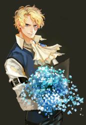 Rule 34 | 1boy, ascot, bad id, bad pixiv id, belt, belt buckle, black background, blonde hair, blue eyes, blue flower, blue vest, bouquet, brown belt, buckle, closed mouth, collar, collared shirt, flower, high collar, highres, holding, holding bouquet, linrereren, long sleeves, looking at viewer, male focus, one piece, sabo (one piece), scar, shirt, short hair, simple background, smile, solo, standing, vest, wavy hair, white ascot, white shirt