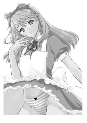 Rule 34 | 1boy, apron, atlus, bad id, bad pixiv id, bow, crossdressing, greyscale, hair bow, kuma (persona 4), long hair, male focus, monochrome, panties, pantyshot, persona, persona 4, simple background, smile, solo, striped clothes, striped panties, trap, underwear, xcocox