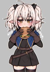 Rule 34 | 1girl, absurdres, ahoge, black thighhighs, black tunic, blue capelet, blush, brown gloves, burger, capelet, commentary, commission, cowboy shot, eating, english commentary, food, gloves, grey background, highres, jitome, kura-tan (mikoscrub), looking at viewer, original, pointy ears, pouch, second-party source, simple background, snale, solo, thighhighs, two side up, white hair