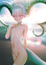 Rule 34 | + +, 1girl, absurdres, backlighting, beach, besmiled, big hair, blue hair, braid, breasts, cleft of venus, closed mouth, collarbone, commentary request, cowboy shot, curled horns, fate/grand order, fate (series), french braid, hand up, highres, horns, larva tiamat (fate), larva tiamat (first ascension) (fate), long horns, looking at viewer, navel, nipples, nude, outdoors, pink eyes, pointy ears, pussy, revision, sand, small breasts, solo, standing, stomach, symbol-shaped pupils, tail, thighhighs, tiamat (fate), water, white thighhighs, x-shaped pupils