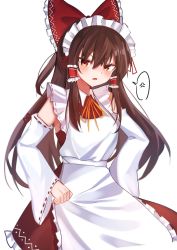 Rule 34 | 1girl, adapted costume, alternate costume, anger vein, angry, apron, ascot, bare shoulders, blush, bow, breasts, brown ascot, brown eyes, brown hair, cloth, clothing cutout, collar, commentary request, enmaided, feet out of frame, hair between eyes, hair bow, hakurei reimu, hands on own hips, hat, highres, maid, maid headdress, medium breasts, medium skirt, nontraditional miko, open mouth, red bow, red shirt, red skirt, ribbon-trimmed sleeves, ribbon trim, saki (14793221), shirt, short hair, short sleeves, shoulder cutout, sidelocks, simple background, skirt, skirt set, solo, spoken anger vein, standing, touhou, waist apron, white background, white collar, wide sleeves