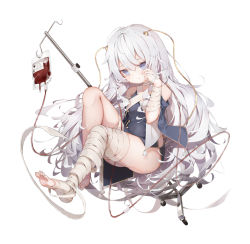 Rule 34 | 1girl, absurdres, bandaged arm, bandaged leg, bandages, bare shoulders, blood, blood bag, blue dress, blue nails, blue sleeves, commentary request, detached sleeves, dolphro-kun, dress, feet, full body, girls&#039; frontline, hair between eyes, hair ornament, highres, long hair, nail polish, no shoes, purple eyes, ribeyrolles (girls&#039; frontline), short sleeves, simple background, sleeveless, sleeveless dress, soles, solo, toenail polish, toenails, very long hair, white background, white hair, wide sleeves