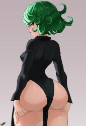 Rule 34 | 1girl, absurdres, arms behind back, ass, ass focus, ass grab, black dress, blush, breasts, commentary, covered erect nipples, curly hair, curvy, dress, english commentary, from behind, grabbing own ass, green eyes, green hair, grey background, hammerofsolace, highres, huge ass, long sleeves, looking at viewer, one-punch man, parted lips, puffy nipples, shiny skin, short hair, signature, simple background, small breasts, solo, tatsumaki, thighs, wide hips