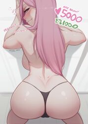 Rule 34 | 1girl, ass, black panties, blush, breasts, cameltoe, english text, from behind, highres, hololive, hololive english, large breasts, long hair, looking at viewer, meme, mori calliope, myth1carts, panties, smile, solo, tagme, twitter strip game (meme), underwear, virtual youtuber
