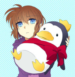 Rule 34 | 1girl, bird, blue eyes, brown hair, casual, empty eyes, holding, hood, hoodie, looking at viewer, lowres, lyrical nanoha, mahou shoujo lyrical nanoha, mahou shoujo lyrical nanoha a&#039;s, mahou shoujo lyrical nanoha a&#039;s portable: the battle of aces, stern the destructor, penguin, short hair, solo, standing, stuffed animal, stuffed penguin, stuffed toy, takana (nanao)