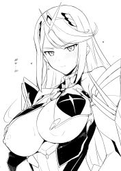Rule 34 | 1girl, armor, bare shoulders, blush, breasts, cleavage, cleavage cutout, clothing cutout, earrings, gem, greyscale, hair ornament, halcon, headpiece, highres, jewelry, long hair, looking at viewer, monochrome, mythra (xenoblade), nintendo, nipple slip, nipples, shoulder armor, shy, simple background, staring, tiara, tsundere, very long hair, white background, xenoblade chronicles (series), xenoblade chronicles 2