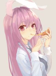 Rule 34 | 1girl, :t, animal ears, blue necktie, breasts, cheese trail, closed mouth, commentary request, eating, fingernails, food, food on face, grey background, hair between eyes, hands up, holding, holding food, large breasts, long hair, long sleeves, looking at viewer, necktie, pink eyes, pizza, purple hair, rabbit ears, reisen udongein inaba, shirt, simple background, solarisu, solo, touhou, upper body, white shirt