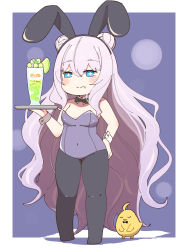Rule 34 | + +, animal ears, azur lane, black bow, black bowtie, black pantyhose, blue eyes, bow, bowtie, breasts, closed mouth, commentary request, covered navel, detached collar, double bun, fake animal ears, food, food on face, full body, glass, hair bun, hairband, hand on own hip, highres, holding, holding tray, horoyuki (gumizoku), le malin (azur lane), leotard, long hair, manjuu (azur lane), pantyhose, playboy bunny, plump, rabbit ears, silver hair, small breasts, smile, solo, standing, tray, tropical drink, very long hair, wrist cuffs