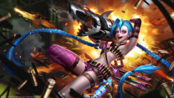 Rule 34 | 1girl, absurdly long hair, ammunition, ammunition belt, arm strap, arm tattoo, asymmetrical gloves, bare shoulders, belt, belt buckle, bikini, bikini top only, blue hair, boots, braid, buckle, bullet, bullet necklace, elbow gloves, fingerless gloves, gloves, jewelry, jinx (league of legends), league of legends, liang xing, lipstick, long hair, makeup, mismatched gloves, necklace, pink eyes, pink thighhighs, short shorts, shorts, single thighhigh, smile, solo, stomach tattoo, swimsuit, tattoo, thigh strap, thighhighs, twin braids, uneven gloves, very long hair, weapon