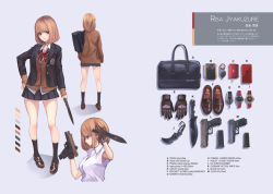 Rule 34 | 1girl, bag, blazer, blunt bangs, bow, brown eyes, brown hair, cardigan, cellphone, character name, character sheet, english text, fashion, from behind, full body, gloves, gun, handgun, holding, holding gun, holding weapon, iphone x, jacket, karambit, knife, koh (minagi kou), looking at viewer, magazine (weapon), miniskirt, multiple views, multiple weapons, open clothes, open jacket, original, phone, pleated skirt, profile, revision, school uniform, shoes, short hair, skirt, smartphone, standing, up sleeve, watch, weapon, white background, wristwatch