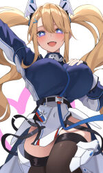 Rule 34 | 1girl, azur lane, black thighhighs, blonde hair, blue eyes, breasts, cowboy shot, fingerless gloves, gloves, guam (azur lane), hand on own chest, heart sticker, highres, large breasts, long hair, looking at viewer, open mouth, shirt, skirt, smile, soar sora222, solo, star-shaped pupils, star (symbol), symbol-shaped pupils, thighhighs, twintails, very long hair