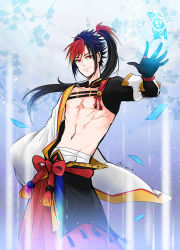 Rule 34 | 1boy, abs, artist name, bandages, black hair, card, cowboy shot, flower, gloves, japanese clothes, male focus, minamoto no hiromasa, mizuyouhi, multicolored hair, navel, onmyoji, ponytail, red eyes, red hair, topless male, solo, two-tone hair, upper body