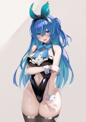 Rule 34 | 1girl, absurdres, bare arms, bare shoulders, black leotard, blue eyes, blue hair, bow, bowtie, breast hold, breasts, brown thighhighs, clothing cutout, cowboy shot, hair ribbon, hand on own thigh, highleg, highleg leotard, highres, leotard, long hair, looking at viewer, medium breasts, nakamura nagare, navel, navel cutout, one side up, open mouth, original, playboy bunny, ribbon, simple background, solo, standing, stomach, strapless, strapless leotard, thighhighs, thighs, white background, wrist cuffs