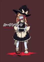 Rule 34 | 1girl, awa (bihidasu), blonde hair, bow, braid, brown background, controller, cover, cover page, dress, empty eyes, english text, frilled dress, frills, game console, hair bow, hat, hat bow, hat ribbon, head tilt, holding, joystick, kirisame marisa, long hair, open mouth, pale skin, playstation 2, puffy sleeves, ribbon, shoes, short sleeves, simple background, single shoe, socks, solo, standing, torn clothes, torn socks, touhou, unplugged, white socks, witch hat, zombie