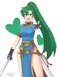 Rule 34 | 1girl, earrings, fingerless gloves, fire emblem, fire emblem: the blazing blade, gloves, gold trim, green eyes, green hair, high ponytail, highres, holding, holding sword, holding weapon, jewelry, long hair, looking at viewer, lyn (fire emblem), nintendo, pelvic curtain, ponytail, reaching, reaching towards viewer, sarukaiwolf, side slit, simple background, smile, solo, standing, sword, very long hair, weapon, white background