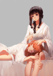 Rule 34 | 10s, 2girls, bare legs, bathrobe, black hair, blackrabbitsoul, blood, blue eyes, blunt bangs, braid, brown hair, commentary request, drooling, ear cleaning, empty eyes, grey background, hair over shoulder, hair ribbon, hand on another&#039;s head, hand on another&#039;s leg, highres, kantai collection, kitakami (kancolle), lap pillow, light smile, long hair, long sleeves, lying, mimikaki, multiple girls, nosebleed, on side, ooi (kancolle), ribbon, robe, saliva, sidelocks, simple background, single braid, sitting, tress ribbon, wide sleeves, yuri