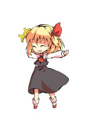 Rule 34 | 1girl, arms up, ascot, blonde hair, chibi, closed eyes, collar, collared shirt, dairi, full body, grey skirt, grey vest, hair between eyes, hair ribbon, hands up, long skirt, long sleeves, open mouth, red ascot, red footwear, red ribbon, ribbon, rumia, shaded face, shirt, shoes, short hair, simple background, skirt, smile, socks, solo, standing, tachi-e, touhou, transparent background, vest, white background, white shirt, white sleeves, white socks