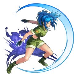 Rule 34 | 1girl, artist request, black gloves, blue eyes, blue hair, boku &amp; dragons, boots, earrings, explosion, fighting stance, gloves, green jacket, green shorts, jacket, jewelry, leona heidern, looking at viewer, military, military uniform, official art, ponytail, serious, shorts, soldier, solo, the king of fighters, transparent background, triangle earrings, uniform