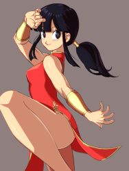 Rule 34 | 1girl, absurdres, alternate color, alternate costume, black eyes, black hair, bracelet, chi-chi (dragon ball), china dress, chinese clothes, clothes lift, dragon ball, dragon ball (classic), dress, feet out of frame, fingernails, grey background, highres, hpoono (0159), jewelry, leg up, long hair, looking away, outstretched arms, ponytail, red dress, shaded face, simple background, sleeveless, sleeveless dress, smile, solo, standing, standing on one leg, thighs, upper body
