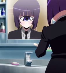 Rule 34 | 10s, 1girl, back, blue eyes, business suit, cyclops, highres, manako, mirror, monster girl, monster musume no iru nichijou, necktie, one-eyed, purple hair, sad, short hair, solo, standing, stitched, third-party edit