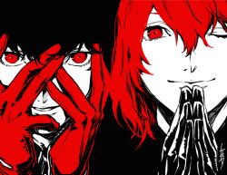 Rule 34 | 10s, 2boys, ;), akechi gorou, amamiya ren, black hair, close-up, gloves, hair between eyes, hands on own face, limited palette, male focus, monochrome, multiple boys, one eye closed, own hands together, persona, persona 5, red eyes, saitou rokuro, signature, smile, upper body
