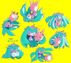 Rule 34 | :&gt;, artist name, blush stickers, closed mouth, colored sclera, commentary request, corsola, creatures (company), cuddling, closed eyes, fangs, galarian corsola, galarian form, game freak, gen 2 pokemon, gen 7 pokemon, gen 8 pokemon, green eyes, highres, mareanie, nintendo, no humans, open mouth, pokemon, pokemon (creature), simple background, smile, sushi taro, tearing up, tongue, yellow background, yellow sclera