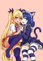 Rule 34 | 10s, 2girls, :d, ;d, animal ears, asanagi, bad id, bad twitter id, blonde hair, blue hair, blush, cat ears, cat tail, cyan (show by rock!!), dog tail, dress, drill hair, fake animal ears, fang, feet, glasses, green eyes, headdress, heart, heart-shaped pupils, highres, inactive account, jpeg artifacts, long hair, looking at viewer, miniskirt, multiple girls, necktie, no shoes, one eye closed, open mouth, orange eyes, own hands clasped, own hands together, pink background, pleated skirt, purple legwear, retoree (show by rock!!), show by rock!!, simple background, sitting, skirt, smile, striped clothes, striped legwear, striped thighhighs, symbol-shaped pupils, tail, thighhighs, thighs, twintails, yuri