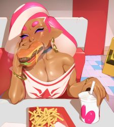 Rule 34 | 1girl, absurdres, bangle, black choker, bracelet, breasts, burger, choker, cleavage, closed eyes, collarbone, combos &amp; doodles, commentary, cup, dark-skinned female, dark skin, diner, disposable cup, earrings, eating, english commentary, eyeshadow, fast food, fingernails, food, french fries, happy, highres, hoop earrings, jewelry, large breasts, makeup, mole, mole on breast, multiple moles, nintendo, no bra, octoling, octoling player character, off-shoulder shirt, off shoulder, pink hair, pointy ears, purple eyeshadow, restaurant, shirt, sitting, solo, splatoon (series), splatoon 2, suction cups, takoko yakisoba (combos &amp; doodles), tentacle hair, thick eyebrows, white shirt
