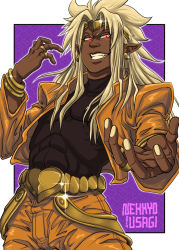 Rule 34 | 1boy, blonde hair, commentary, commission, cosplay, dark-skinned male, dark skin, dio brando, dio brando (cosplay), english commentary, evil grin, evil smile, godzilla: king of the monsters, godzilla (series), grid, grin, headband, jojo no kimyou na bouken, kaijuu, king ghidorah, legendary pictures, long hair, looking at viewer, male focus, monsterverse, nekkyo usagi, personification, pointy ears, red eyes, smile, solo, toho
