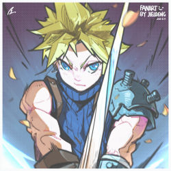 Rule 34 | 1boy, armor, bandaged arm, bandages, bare shoulders, blonde hair, blue eyes, closed mouth, cloud strife, earrings, emphasis lines, final fantasy, final fantasy vii, hatching (texture), highres, holding, holding sword, holding weapon, jewelry, jie-loeng, male focus, muscular, pauldrons, screw, shoulder armor, single earring, solo, square enix, sword, turtleneck, weapon