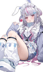 Rule 34 | 1girl, amagasa yun, animal ears, apron, blush, candy, food, frown, grey hair, grey jacket, hair ornament, hairpin, highres, holding, holding candy, holding food, holding lollipop, jacket, lollipop, long hair, long sleeves, looking at viewer, maid apron, multicolored hair, open mouth, pink hair, rabbit ears, rabbit girl, short twintails, simple background, sitting, solo, streaked hair, sweatdrop, thick eyebrows, tosaki mimi, tosaki mimi (4th costume), twintails, virtual youtuber, vspo!, white apron, white background, white footwear