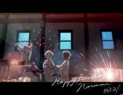 Rule 34 | 1girl, 2boys, :d, ^ ^, ankle boots, aqua eyes, arms up, bad id, bad pixiv id, basket, birthday, black hair, blurry, bokeh, boots, candle, cardigan, chair, child, closed eyes, confetti, crown, dark, depth of field, emma (yakusoku no neverland), glass, glint, happy, happy birthday, indoors, lantern, letterboxed, long sleeves, maniwa, multiple boys, norman (yakusoku no neverland), on table, open mouth, orange hair, pants, profile, ray (yakusoku no neverland), red footwear, shirt, sitting, skirt, smile, standing, table, tablecloth, wall, white hair, white pants, white shirt, window, yakusoku no neverland