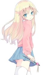 Rule 34 | 10s, 1girl, :/, alice cartelet, alternate hairstyle, bad id, bad pixiv id, blonde hair, blue eyes, blush, cardigan, cowboy shot, from behind, hair down, holding, kin-iro mosaic, long hair, looking back, pleated skirt, school uniform, simple background, skirt, solo, thighhighs, white background, zettai ryouiki
