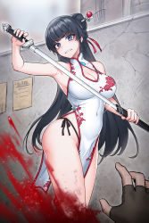Rule 34 | 1boy, 1girl, arm up, bare shoulders, black gloves, black hair, black ribbon, blood, blunt bangs, braid, breasts, cain (gunnermul), china dress, chinese clothes, cleavage, cleavage cutout, clenched teeth, clothing cutout, commentary request, covered navel, dress, fingerless gloves, glint, gloves, hair ornament, hair stick, highres, holding, holding sword, holding weapon, korean commentary, large breasts, long hair, nare hips, original, panties, parted lips, pelvic curtain, pov, ribbon, sheath, side-tie panties, solo focus, standing, sword, teeth, thighs, underwear, v-shaped eyebrows, very long hair, weapon, white dress