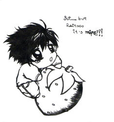 Rule 34 | 00s, 1boy, chibi, death note, english text, engrish text, food, fruit, greyscale, l (death note), male focus, monochrome, ranguage, solo, strawberry
