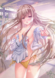 Rule 34 | 1girl, angry, bikini, blush, breasts, brown eyes, brown hair, ceiling, collarbone, commentary request, covering privates, covering breasts, gluteal fold, hair between eyes, highres, holding, holding clothes, holding skirt, index finger raised, indoors, leaf, long hair, long sleeves, looking at viewer, medium breasts, nose blush, off shoulder, open clothes, open mouth, open shirt, pleated skirt, pointing, pointing at viewer, red eyes, school uniform, shirt, side-tie bikini bottom, skirt, unworn skirt, solo, sousouman, standing, swimsuit, twinbox school, undressing, very long hair, white shirt, white skirt, yellow bikini