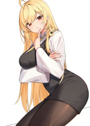 Rule 34 | 1girl, absurdres, ahoge, black skirt, blonde hair, breast hold, breasts, brown pantyhose, collared shirt, hair ornament, hairclip, hand up, highres, index finger raised, jingburger, large breasts, long sleeves, necktie, pantyhose, parted lips, red eyes, shirt, simple background, skirt, solo, thighs, virtual youtuber, waktaverse, white background, white shirt, ziro (zirorong)