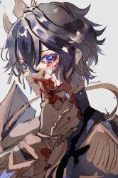 Rule 34 | 1boy, bandaid, bandaid on face, black hair, blood, blood on face, blue eyes, dragon horns, dragon tail, dragon wings, elsword, facing to the side, gloves, highres, horns, kurayuki0404, long sleeves, looking at viewer, male focus, noah ebalon, short hair, solo, stellar caster (elsword), tail, white background, wings