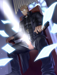 Rule 34 | 1boy, alexander anderson, bara, beard, blonde hair, chrisanother, covered abs, cross, cross necklace, erection, facial hair, fangs, feet out of frame, glasses, glowing, glowing crotch, hellsing, highres, jewelry, large pectorals, light censor, looking at viewer, male focus, mature male, muscular, muscular male, necklace, on chair, pectorals, penis, penis sword, priest, round eyewear, shirt, short hair, sideburns, sitting, solo, stubble, testicles, thighs, tight clothes, tight shirt